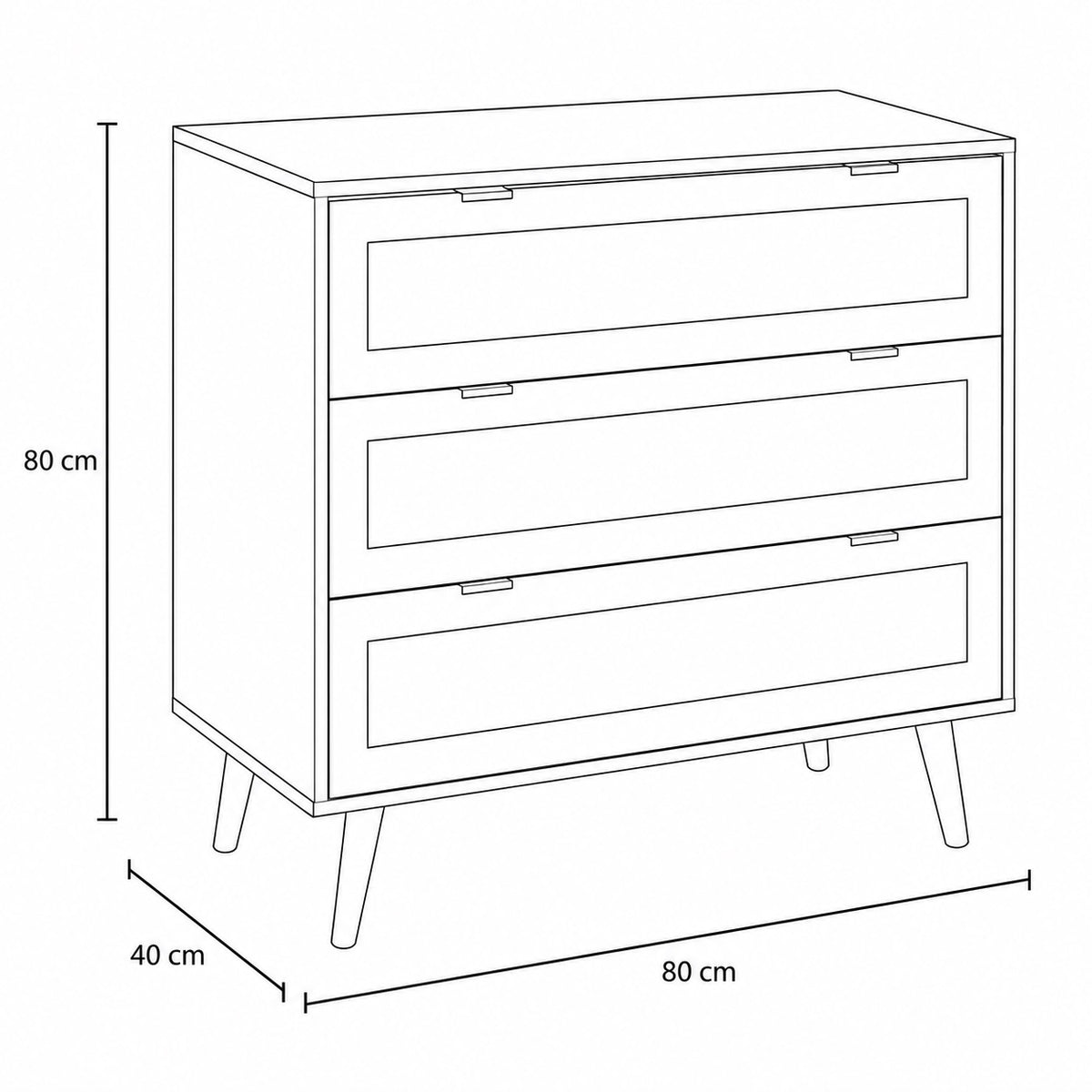 Dimensions de la commode 3 tiroirs : 80 x 80 x 40 cm, commode design compacte en bois