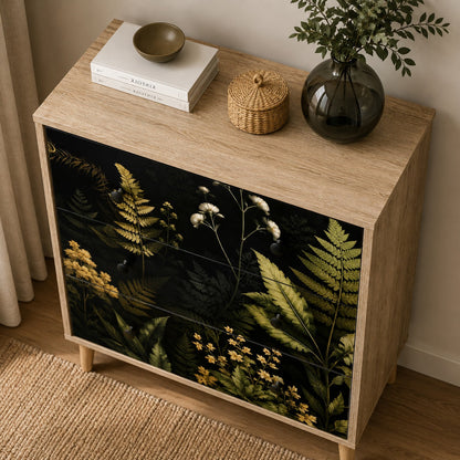 Commode design Celia vue du dessus, avec 3 tiroirs, motifs botaniques et plateau effet bois clair.