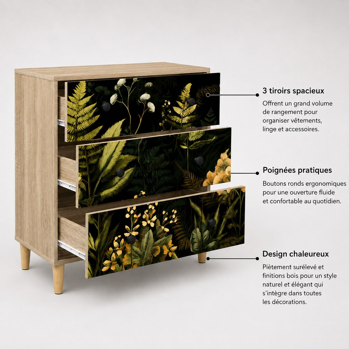 Commode 3 tiroirs Celia ouverte, commode design avec rangements spacieux, poignées rondes et pieds en bois.