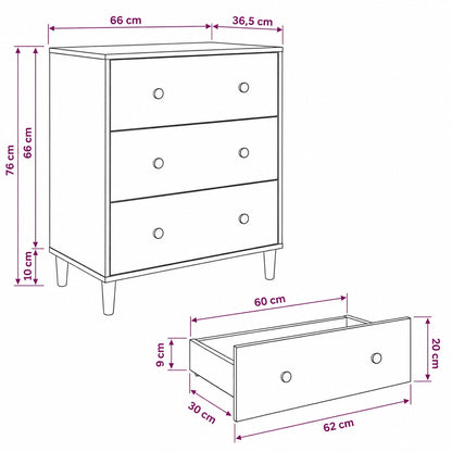 Dimensions de la commode 3 tiroirs Celia, commode design compacte avec tiroirs spacieux et pieds surélevés.