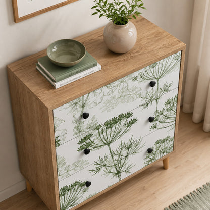 Commode 3 tiroirs Dalia vue du dessus, avec plateau effet bois et façades à motifs végétaux.