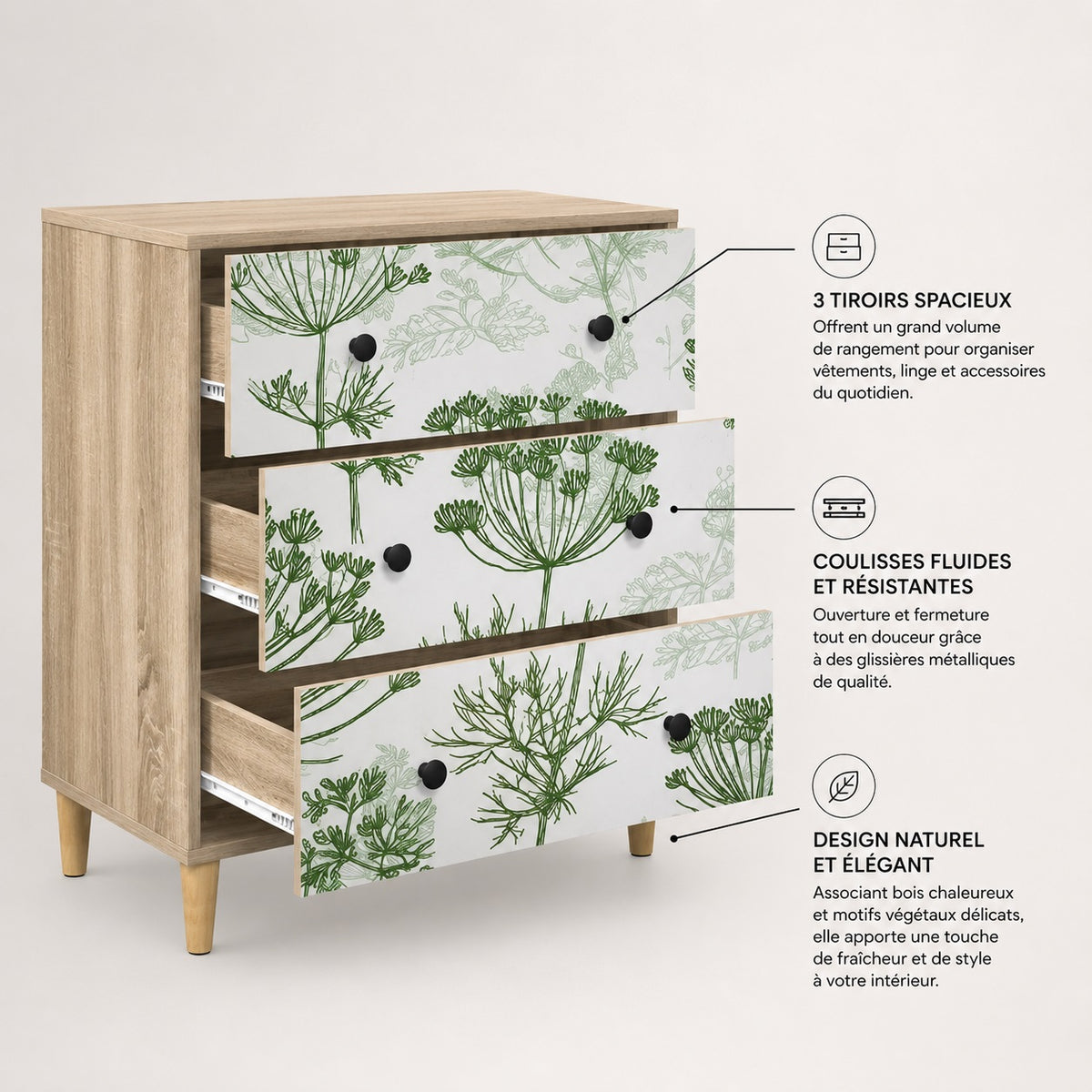 Commode 3 tiroirs Dalia ouverte, avec rangements spacieux, coulisses métalliques et design floral.