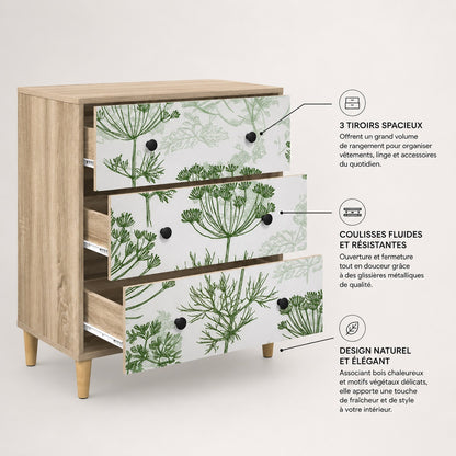 Commode 3 tiroirs Dalia ouverte, avec rangements spacieux, coulisses métalliques et design floral.