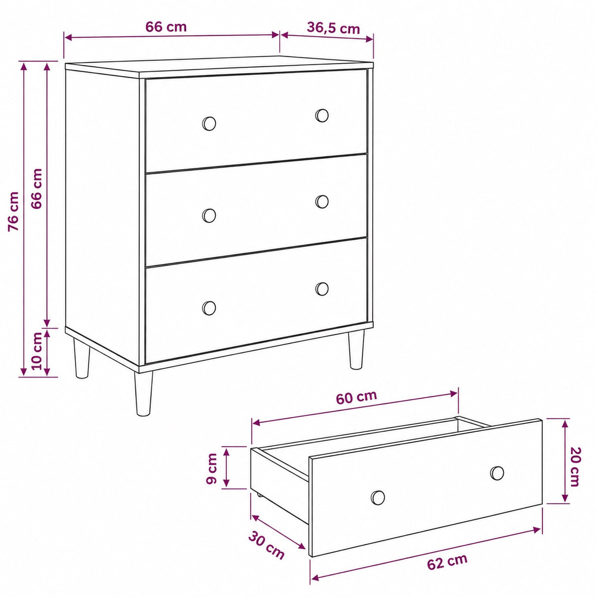 Commode 3 tiroirs Dalia design, dimensions 66 x 36,5 x 76 cm avec tiroirs spacieux de 60 x 30 cm.