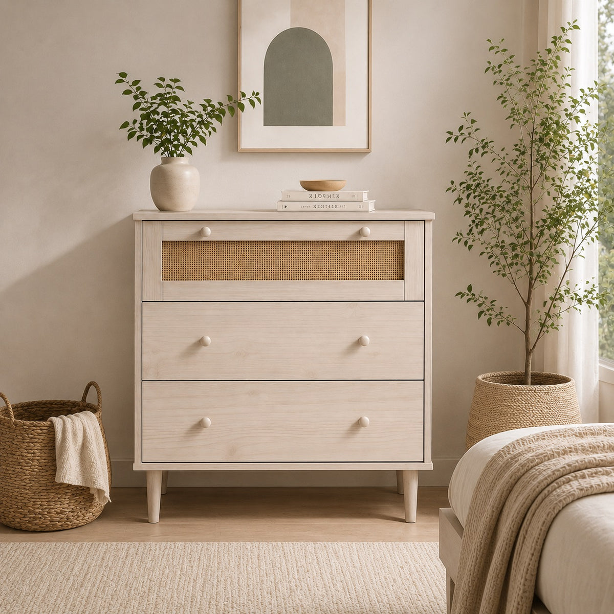 Commode 3 tiroirs en rotin naturel et bois blanc dans une chambre au style doux et chaleureux.