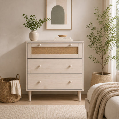 Commode 3 tiroirs en rotin naturel et bois blanc dans une chambre au style doux et chaleureux.