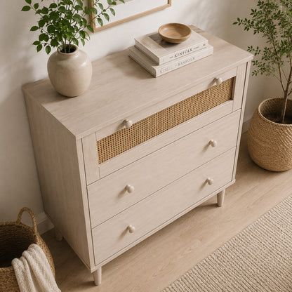 Commode en rotin 3 tiroirs blanche vue en plongée, avec façade cannée et pieds surélevés.