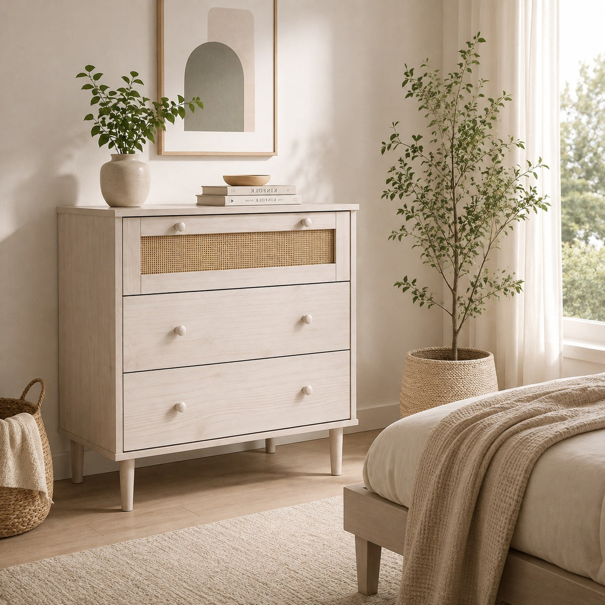 Commode en rotin 3 tiroirs blanche mise en scène dans une chambre naturelle et lumineuse.