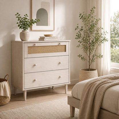 Commode en rotin 3 tiroirs blanche mise en scène dans une chambre naturelle et lumineuse.