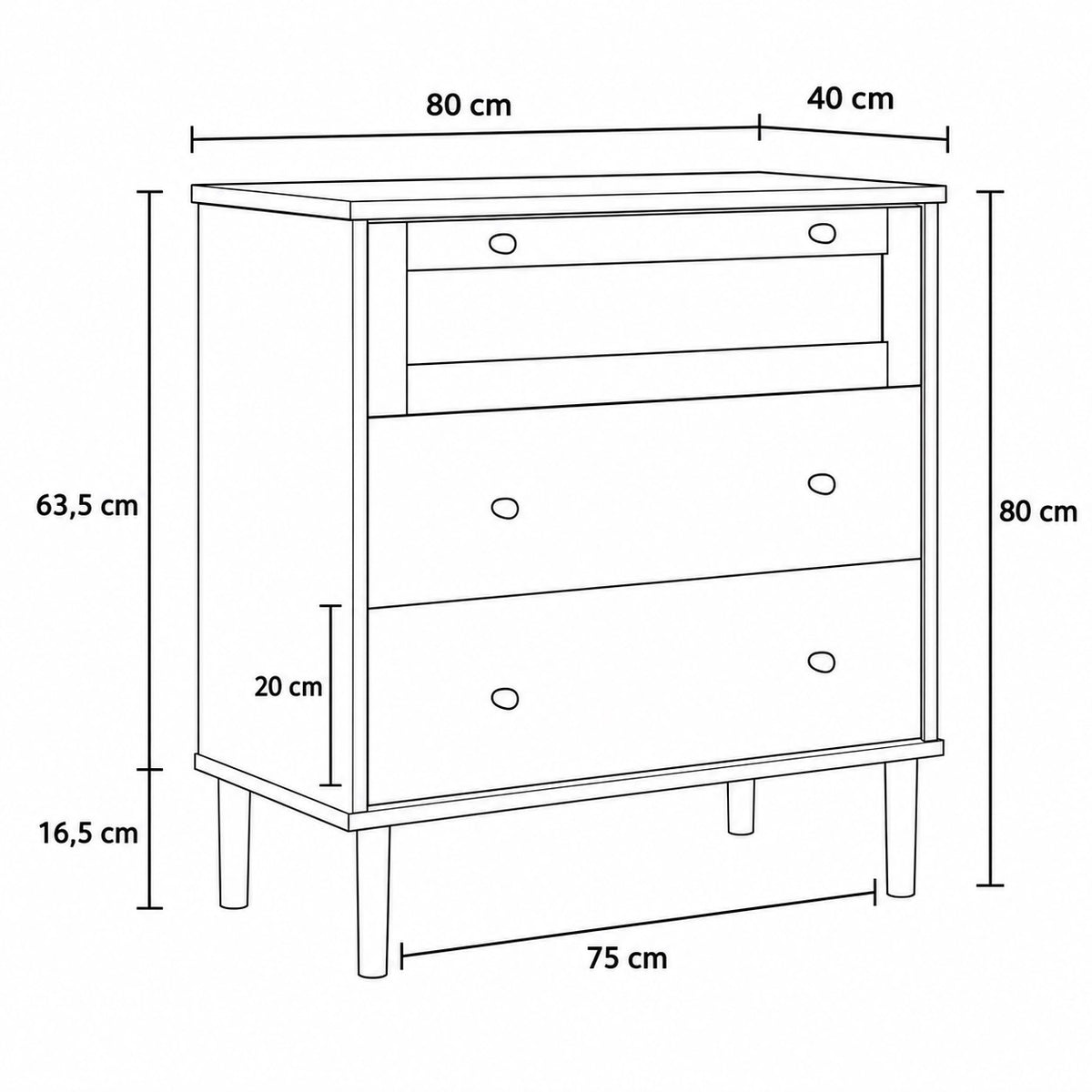 Dimensions de la commode 3 tiroirs en rotin : 80 cm de largeur, 80 cm de hauteur et 40 cm de profondeur.