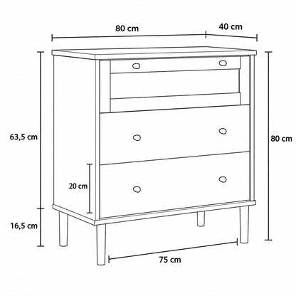 Dimensions de la commode 3 tiroirs en rotin : 80 cm de largeur, 80 cm de hauteur et 40 cm de profondeur.
