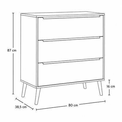 Dimensions de la commode 3 tiroirs design : 80 cm de large, 87 cm de haut et 38,5 cm de profondeur.