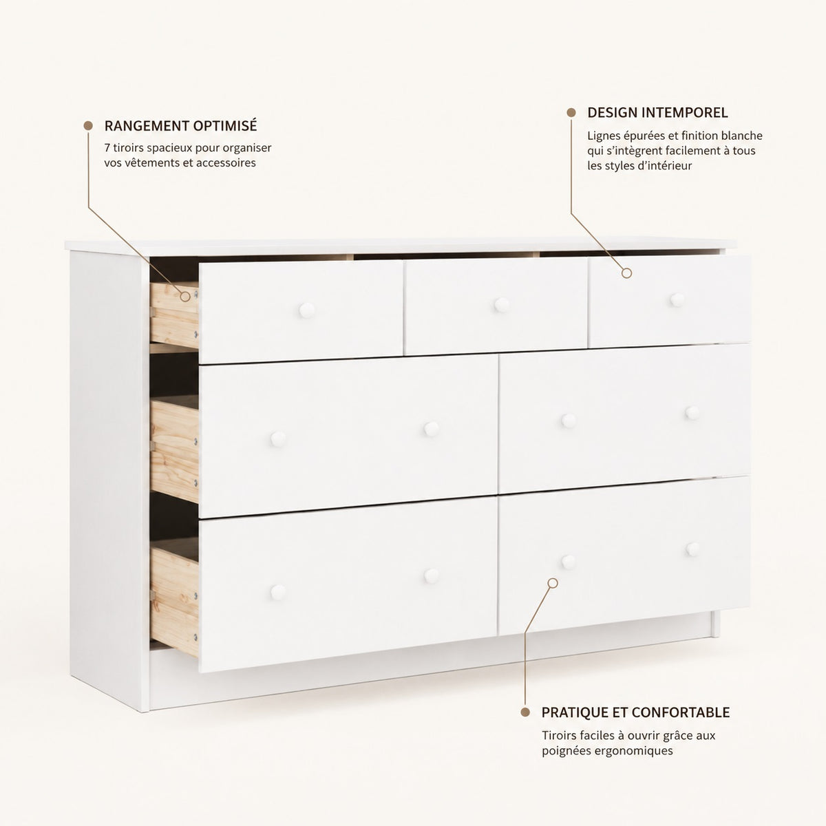 Commode blanche 7 tiroirs avec rangements spacieux, design intemporel et ouverture pratique.