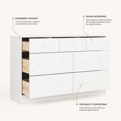 Commode blanche 7 tiroirs avec rangements spacieux, design intemporel et ouverture pratique.