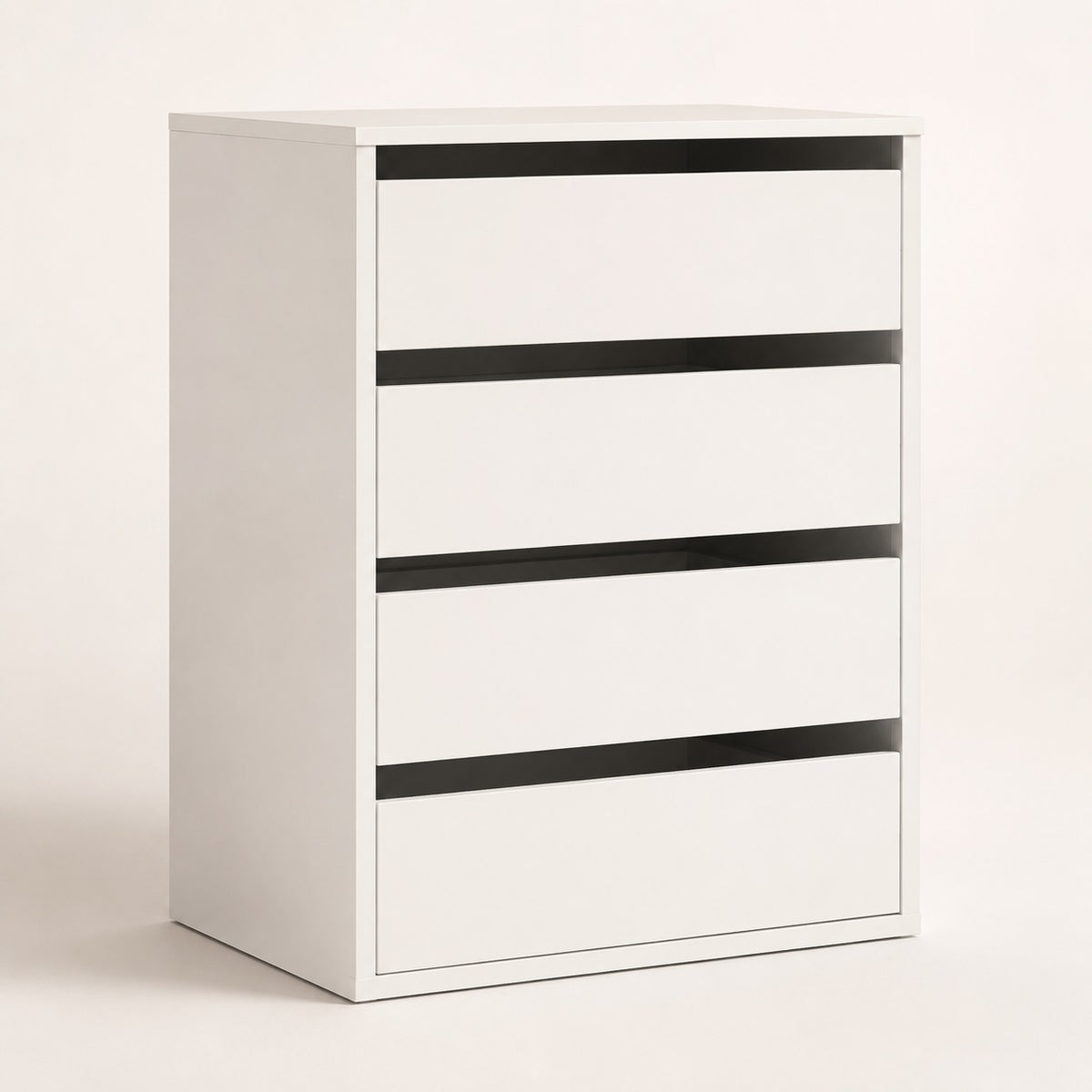 Commode blanche 4 tiroirs au design moderne avec façades épurées et grand espace de rangement pour chambre.