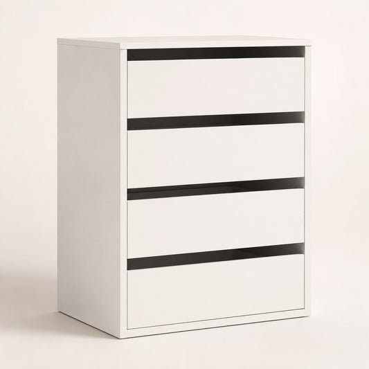 Commode blanche 4 tiroirs au design moderne avec façades épurées et grand espace de rangement pour chambre.