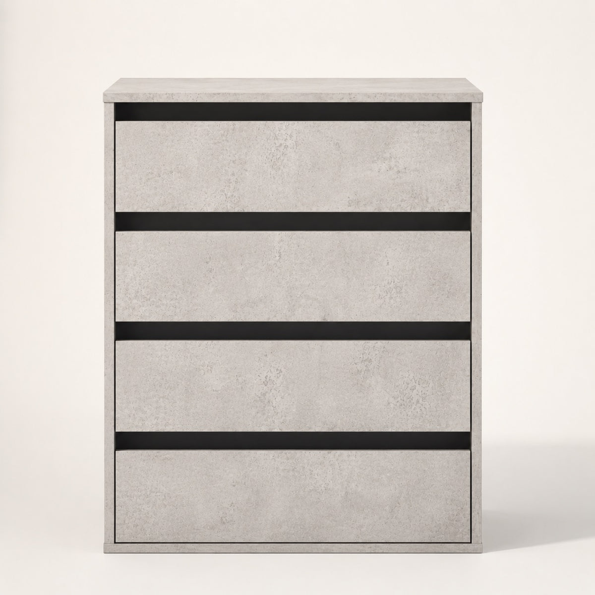 Commode 4 tiroirs finition béton vue de face au design contemporain avec grand espace de rangement.