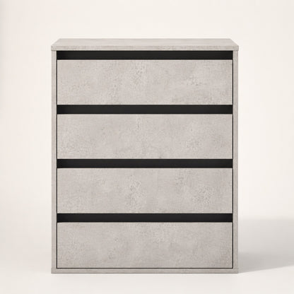 Commode 4 tiroirs finition béton vue de face au design contemporain avec grand espace de rangement.