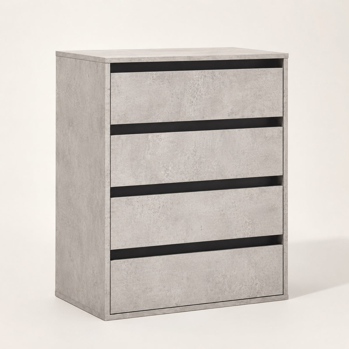 Commode 4 tiroirs finition béton au design contemporain avec rangements spacieux pour chambre moderne.