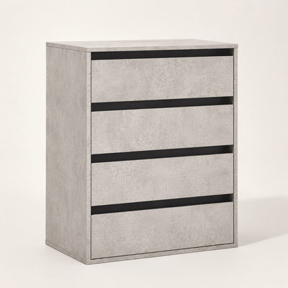 Commode 4 tiroirs finition béton au design contemporain avec rangements spacieux pour chambre moderne.