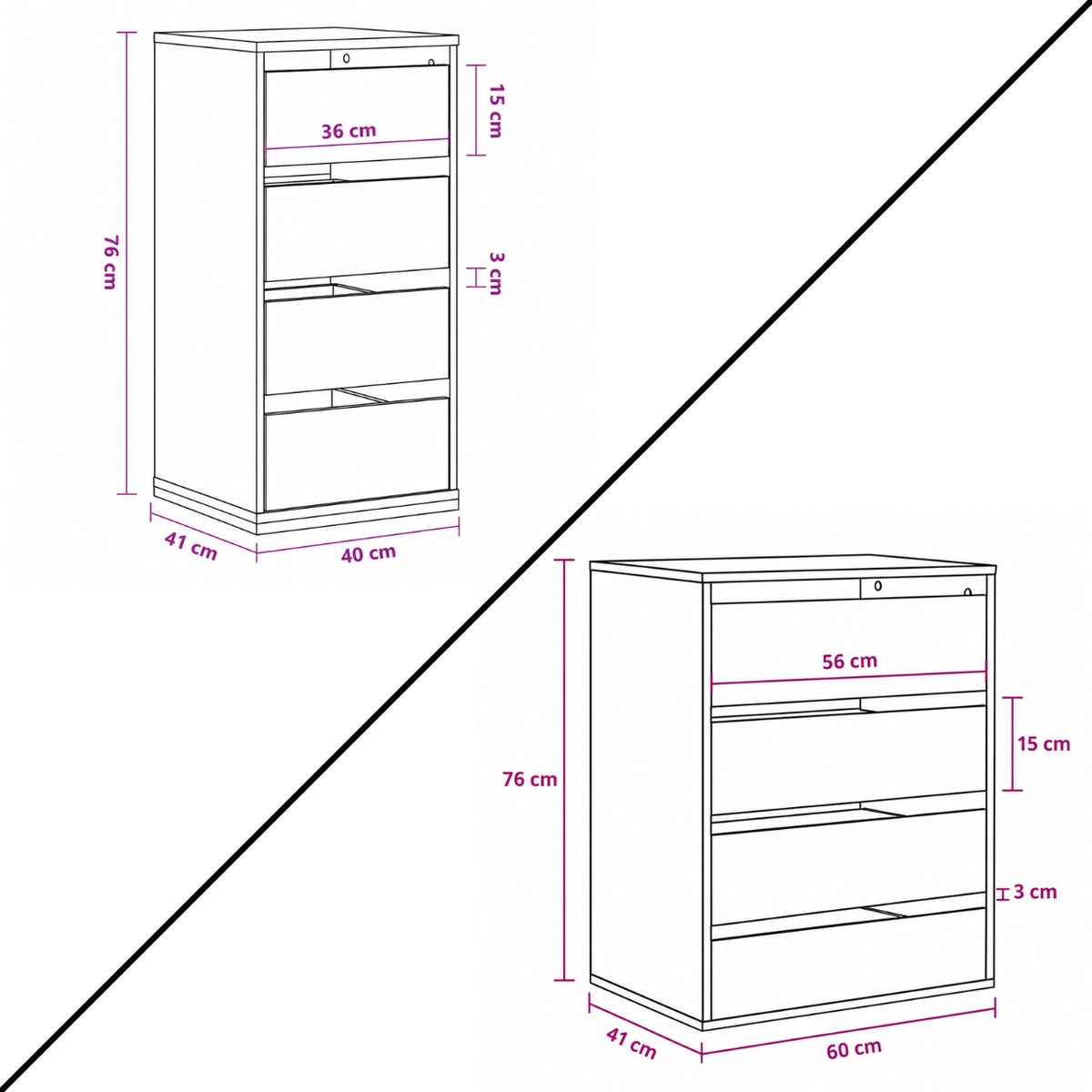 Dimensions de la commode 4 tiroirs disponibles en 40 cm et 60 cm de largeur, profondeur 41 cm.