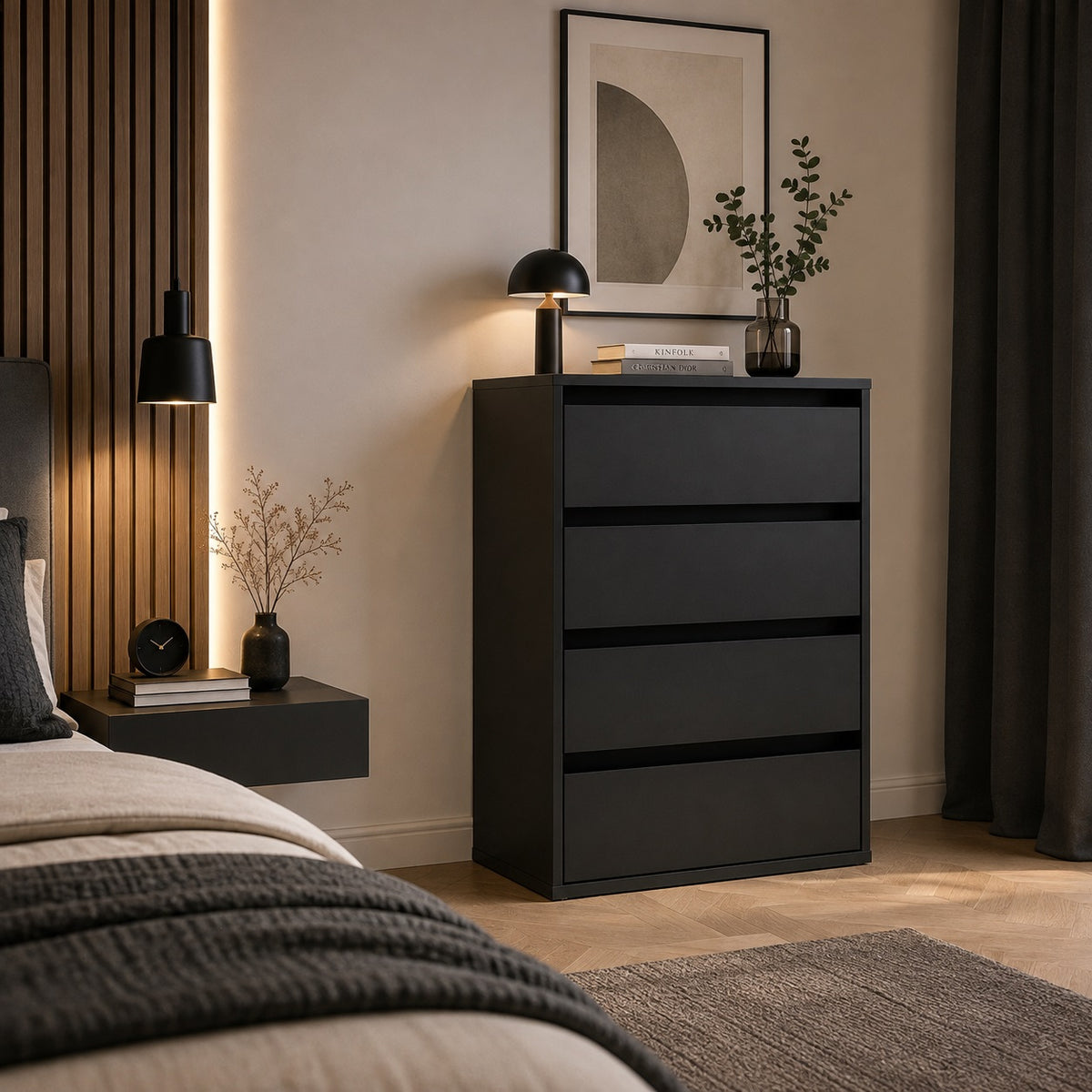 Commode noire 4 tiroirs dans une chambre élégante au style moderne avec décoration contemporaine.
