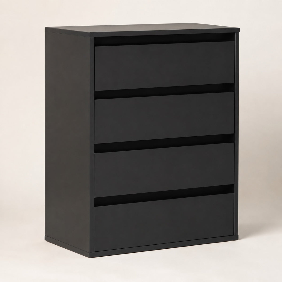 Commode noire 4 tiroirs au design contemporain avec rangements spacieux pour chambre moderne.