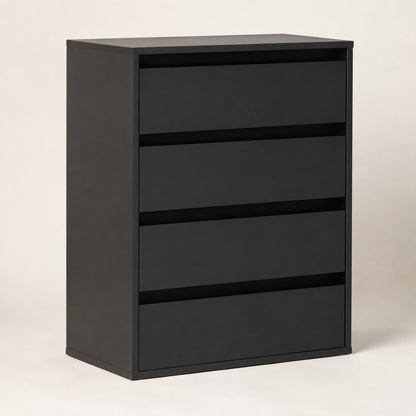 Commode noire 4 tiroirs au design contemporain avec rangements spacieux pour chambre moderne.