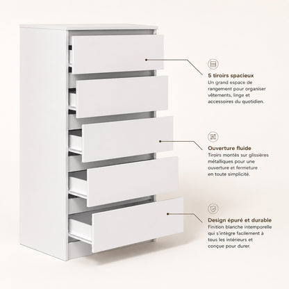 Commode blanche 5 tiroirs avec glissières métalliques et grands tiroirs pour un rangement pratique au quotidien.