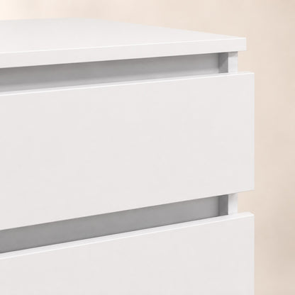Gros plan sur la façade de la commode blanche 5 tiroirs, finition mate et design contemporain.