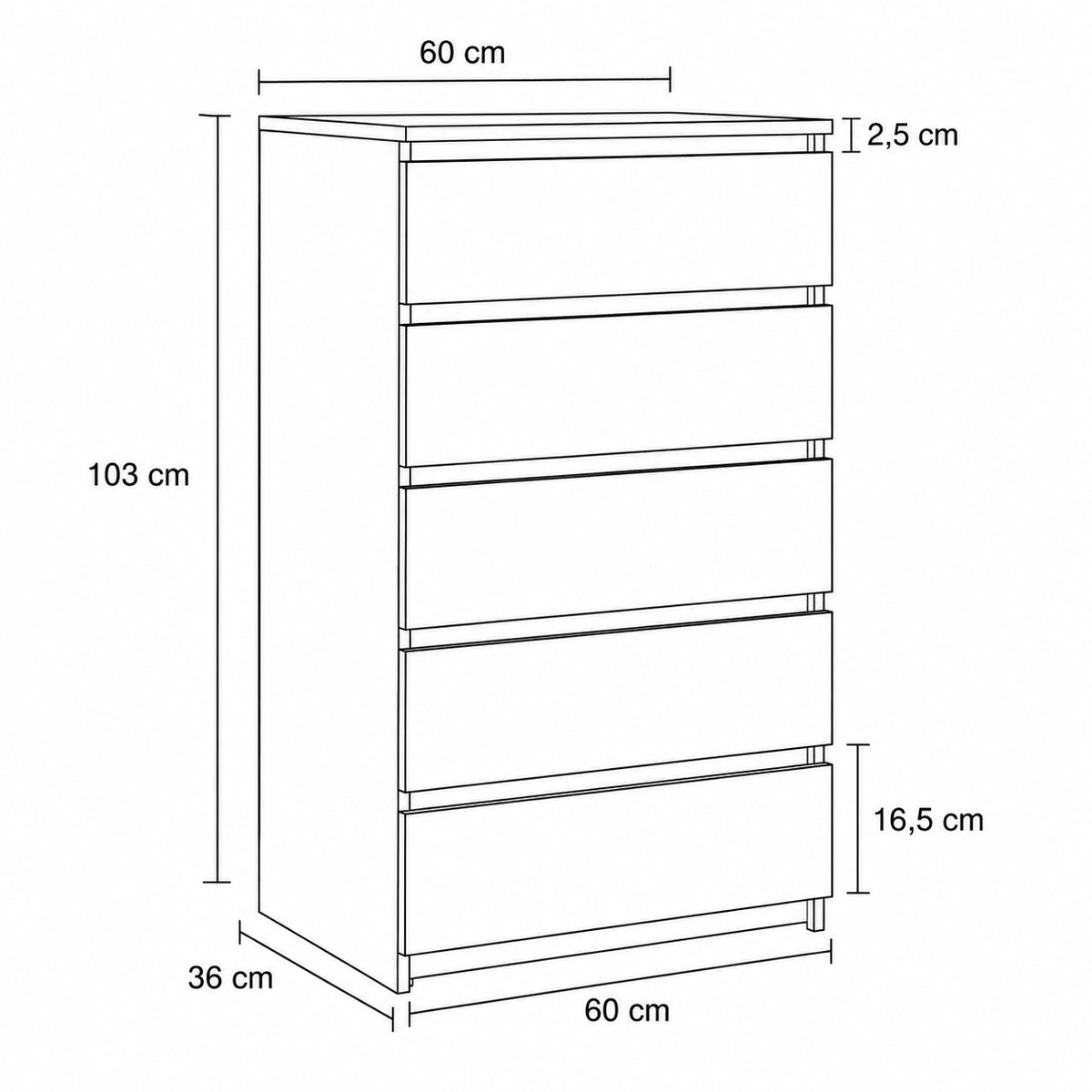 Dimensions de la commode 5 tiroirs 60 × 36 × 103 cm, disponible en commode blanche, noire et gris béton.