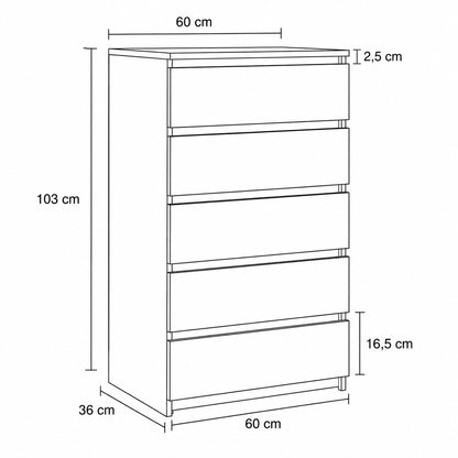 Dimensions de la commode 5 tiroirs 60 × 36 × 103 cm, disponible en commode blanche, noire et gris béton.