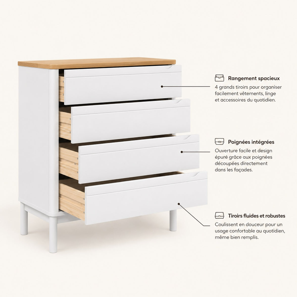 Commode 4 tiroirs blanche avec rangements spacieux, poignées intégrées et tiroirs coulissants.