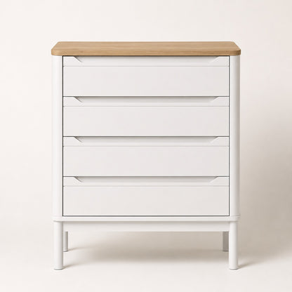 Commode blanche 4 tiroirs vue de face avec plateau effet bois et lignes modernes épurées.