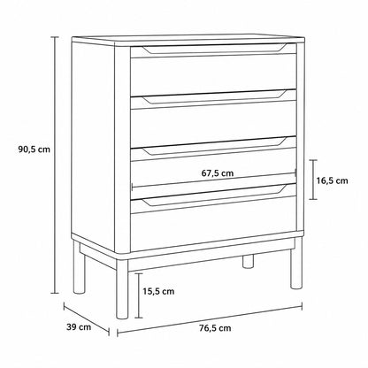 Dimensions de la commode 4 tiroirs blanche : 76,5 cm de large, 90,5 cm de haut et 39 cm de profondeur.