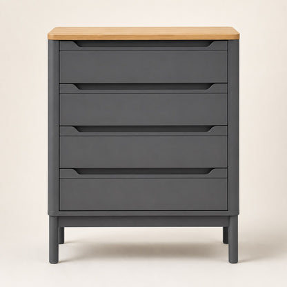 Commode grise 4 tiroirs vue de face avec plateau effet bois, poignées intégrées et design épuré.
