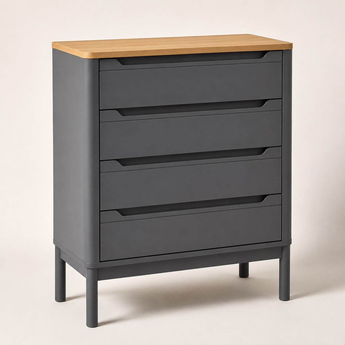 Commode 4 tiroirs gris anthracite avec plateau effet bois, design moderne et poignées intégrées.
