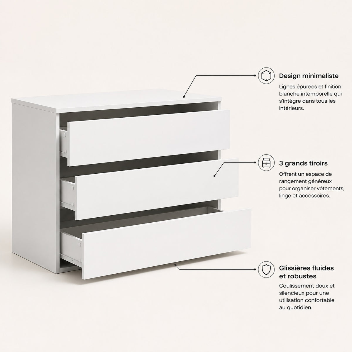 Commode blanche 3 tiroirs avec grands rangements et glissières fluides pour une organisation optimale.