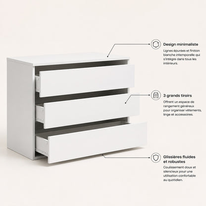 Commode blanche 3 tiroirs avec grands rangements et glissières fluides pour une organisation optimale.