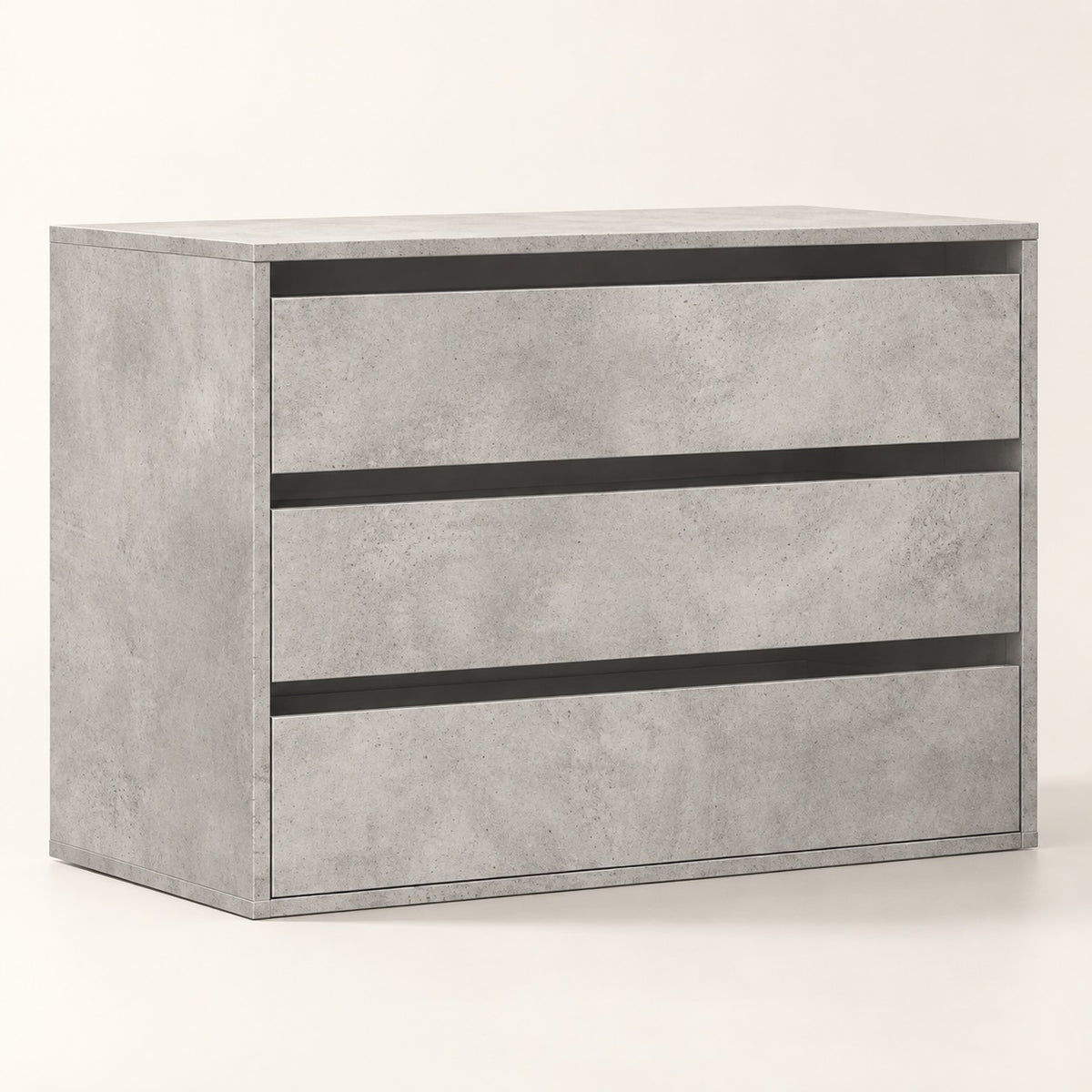 Commode 3 tiroirs finition effet béton au design contemporain pour une chambre moderne.