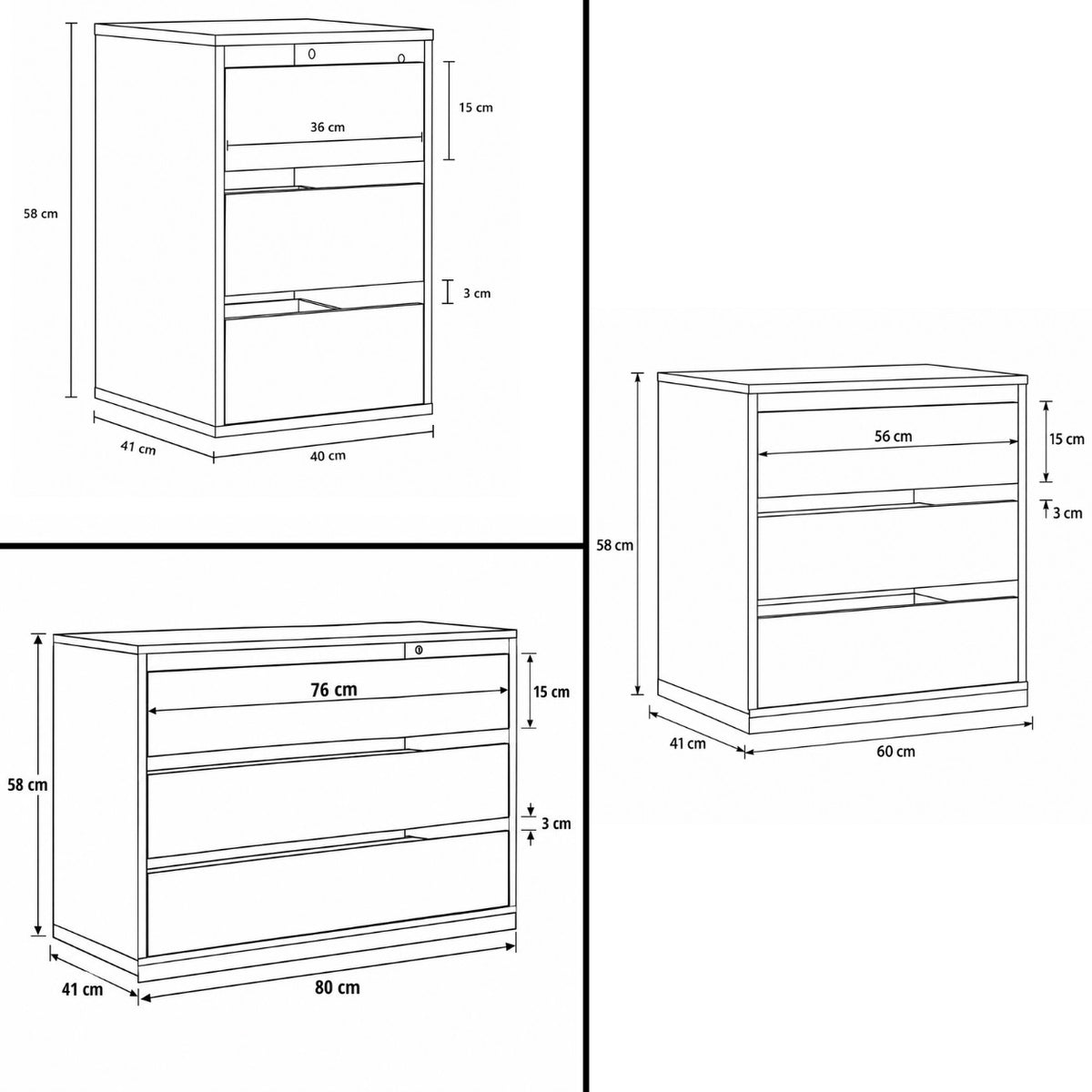 Dimensions de la commode 3 tiroirs disponibles en plusieurs largeurs pour aménager votre chambre.