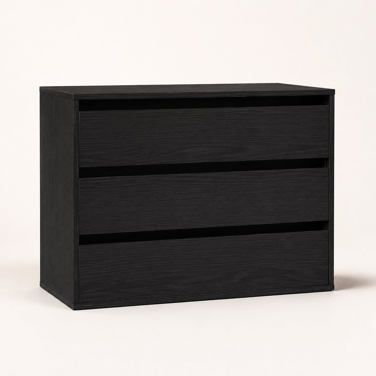 Commode noire 3 tiroirs au design contemporain avec finition effet bois et grands rangements.