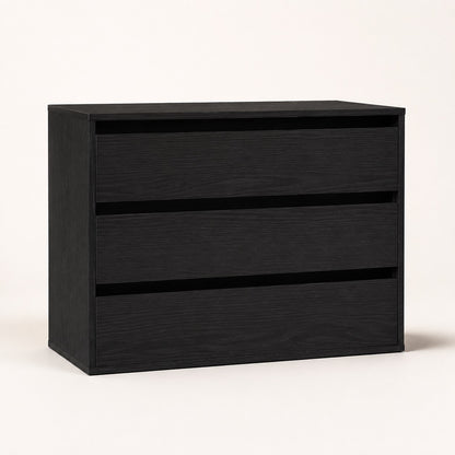Commode noire 3 tiroirs au design contemporain avec finition effet bois et grands rangements.