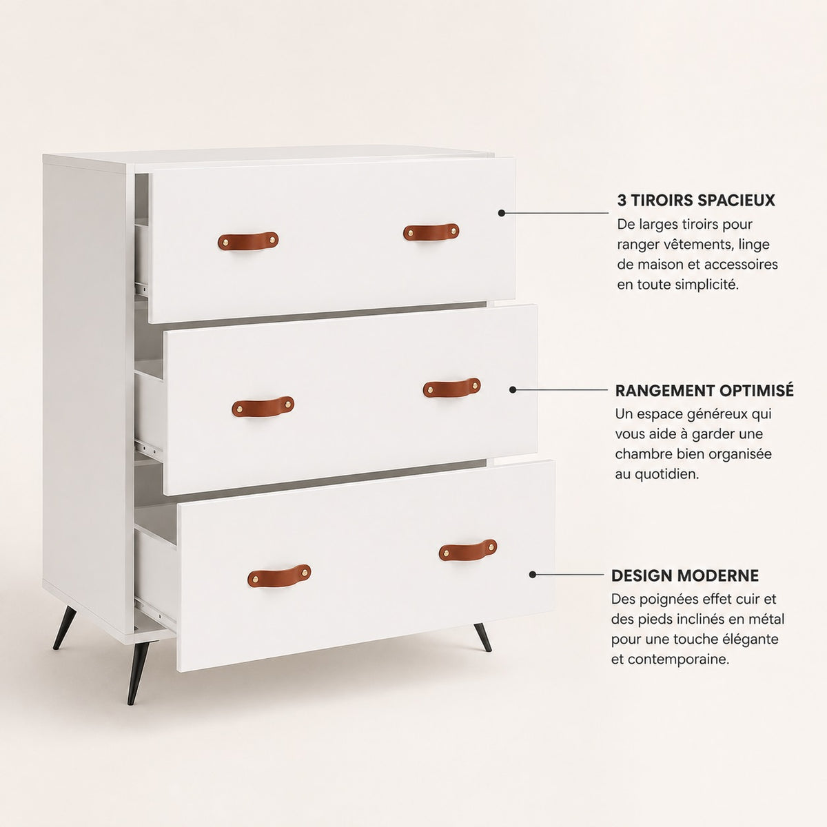 Commode 6 tiroirs blanche ouverte avec rangements spacieux, poignées effet cuir et pieds noirs.
