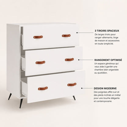 Commode 6 tiroirs blanche ouverte avec rangements spacieux, poignées effet cuir et pieds noirs.