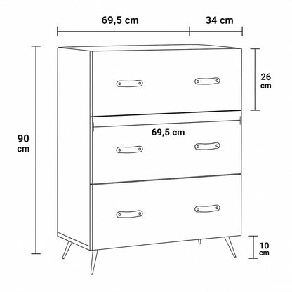 Dimensions de la commode blanche 6 tiroirs : 69,5 cm de large, 90 cm de haut et 34 cm de profondeur.