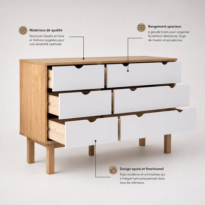 Commode blanche en bois avec 6 tiroirs spacieux, design moderne et structure robuste en finition chêne.
