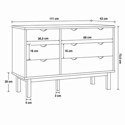 Dimensions de la commode en bois et blanche à 6 tiroirs, meuble de rangement compact et fonctionnel.