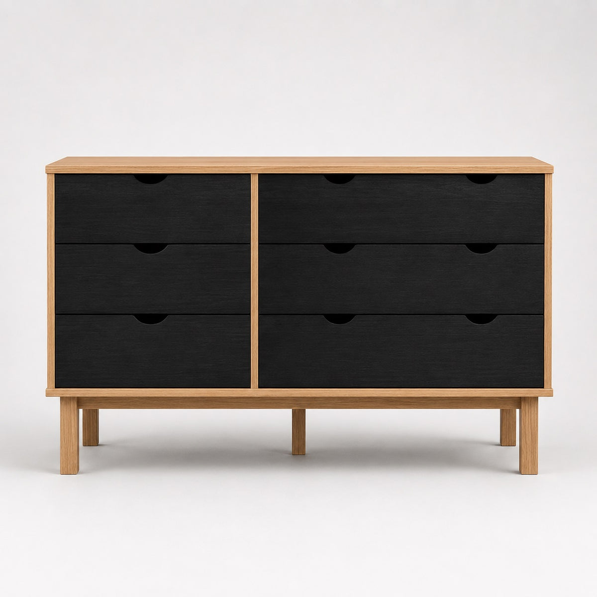 Commode en bois et commode noir à 6 tiroirs, meuble de rangement scandinave au design moderne et épuré.