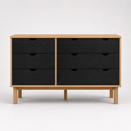 Commode en bois et commode noir à 6 tiroirs, meuble de rangement scandinave au design moderne et épuré.